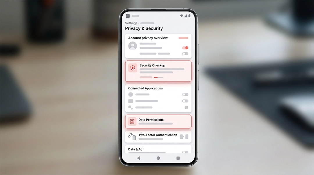 تصویر نمادین از یک چکلیست حریم خصوصی در موبایل، با آیکونهای Activity Status و Two-Factor Authentication