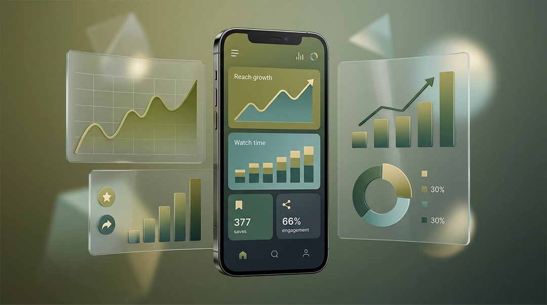داشبورد Insights اینستاگرام با نمودارهای رشد reach و watch time برای یک پست موفق